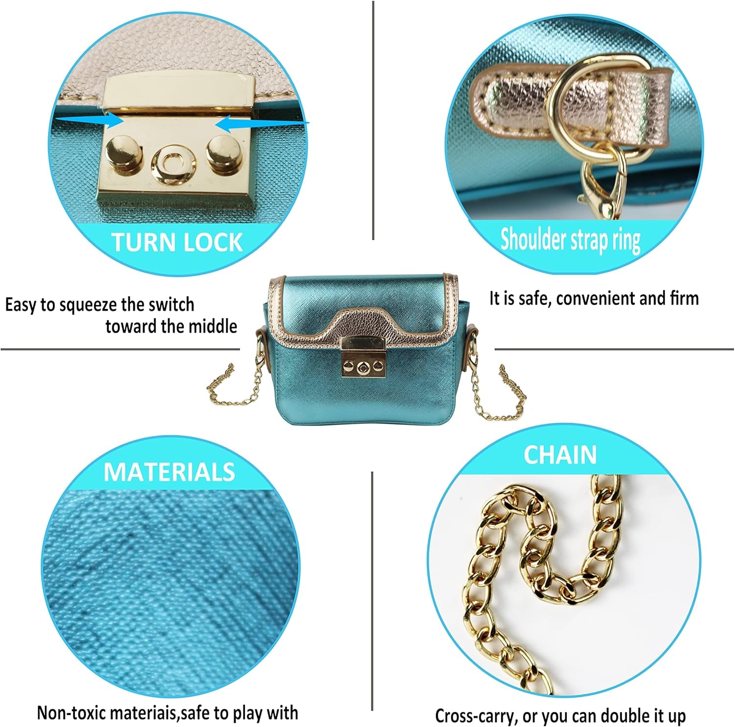 Little Girl Purses, Purse for Little Girls, Kids Toddler Purse Small Girl Crossbody Dress Purse Waterproof Gift Handbags-Metallic Blue Teal